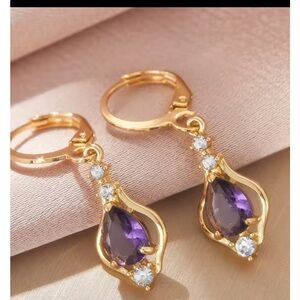 Gold and Purple Teardrop Earrings with Sparkling Accents
